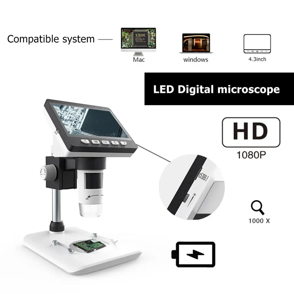 1000X 4.3 Inch HD 1080P cyfrowy mikroskop przenośny tenis LCD endoskopu увеличительная kamera lupa szkło powiększające