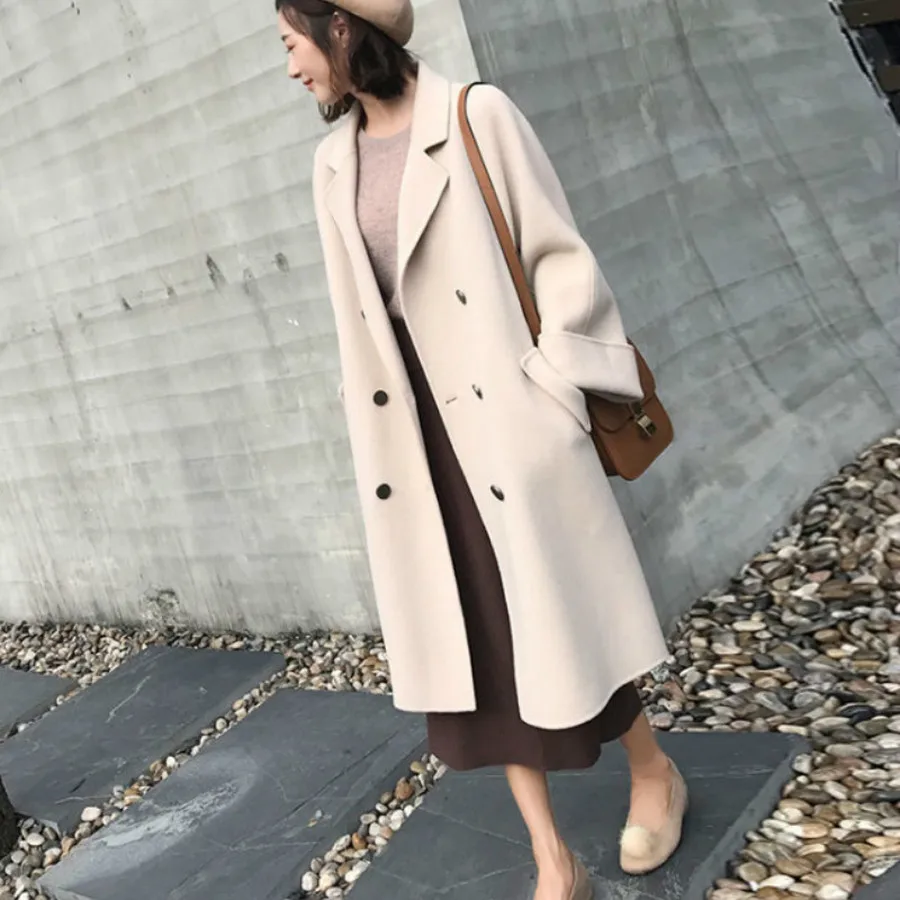 2019 Moda Koreański Długi Płaszcz Temat Cienkie Oversize Białe Płaszcze Zimowe Kobiety Dorywczo Proste Plus Rozmiar Wełniane Płaszcze Damskie