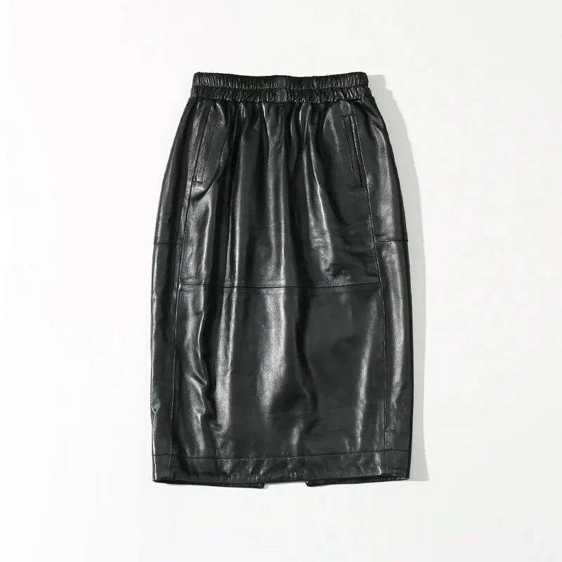 2020 Skóra Naturalna Spódnice Kobiety Czarny Elastyczny Pas Długość Do Kolan Ulicy Owczej Damskie Spódnice Naturalna Skóra Owcza Damska Spódnica