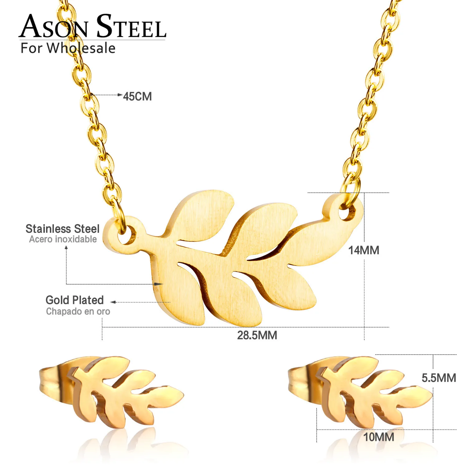 ASONSTEEL Gold Color The Wedding Leaf Jewelry Set for Women 2019 316L ze stali nierdzewnej naszyjnik wisiorek mały kolczyk-goździków