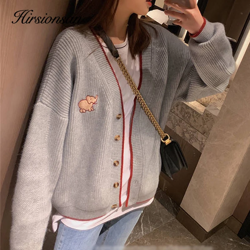 Hirsionsan V neck sweter z dzianiny kobiety 2020 jesień słoń haft graficzny sweter elegancki koreański odzież Damska oversize