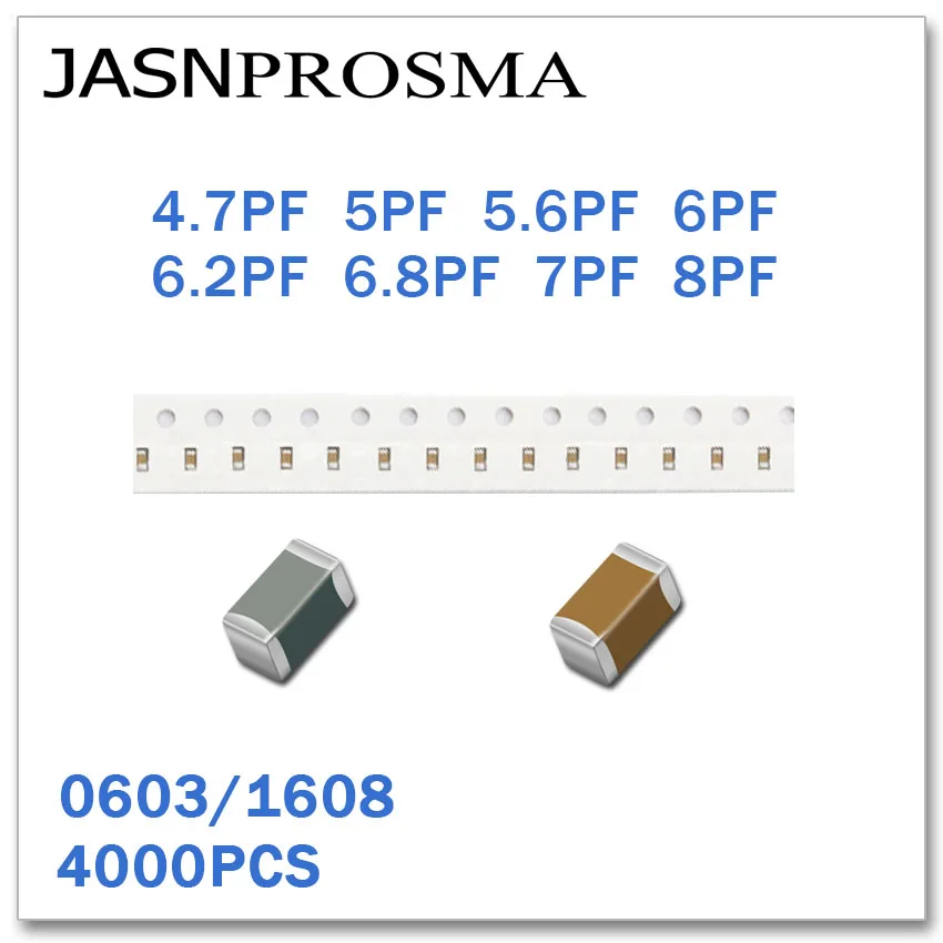 JASNPROSMA 4000PCS 0603 1608 COG/O RoHS 50V 0.5% 5% 4.7 PF 5PF 5.6 PF 6PF 6.2 6.8 PF PF 7PF 8PF wysokiej jakości kondensator SMD