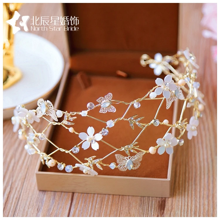Koreański kontrakt Kryształ panny młodej obręcz do włosów piękny motyl kwiat blado-złote ozdoby do włosów nakrycia głowy okulary cheveux femme