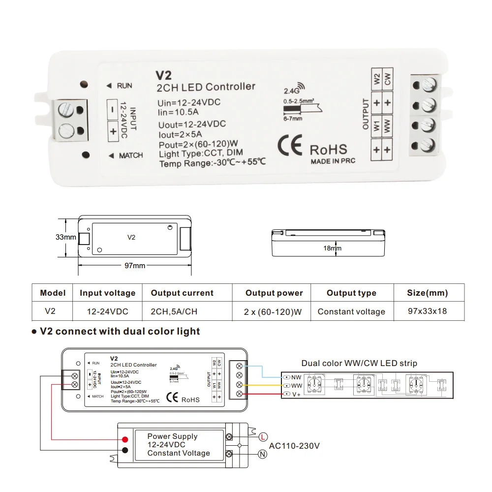 LED RF Controller 12V LED Dimmer 24V 2CH 2.4 G Single Color CCT Light Strip LED Dimmer Controller bezprzewodowy pilot zdalnego sterowania z uchwytem V2