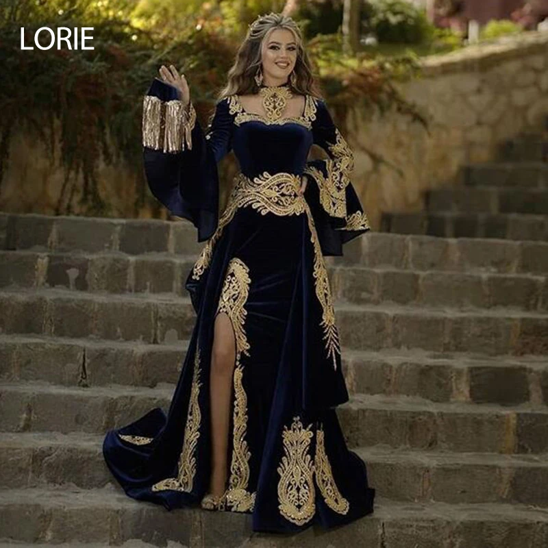 Lori Marokańska kaftan sukienka 3 szt. usunąć spódnice aplikacje złoto koronki z długim rękawem Syrenka aksamit Prom sukienki gwiazd