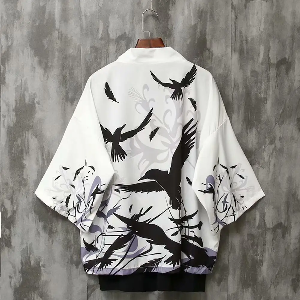 MISSKY Mężczyźni Kobiety sweter lato japoński ukiyo-Kai szlafrok latający ptak druku chiński styl krem retro płaszcz