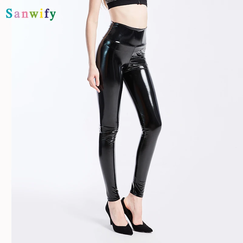 Plus rozmiar XXXL kobiety czarne legginsy Sexy Wysoka Talia elastyczna skóra syntetyczna wąskie spodnie błyszczący wygląd legginsy