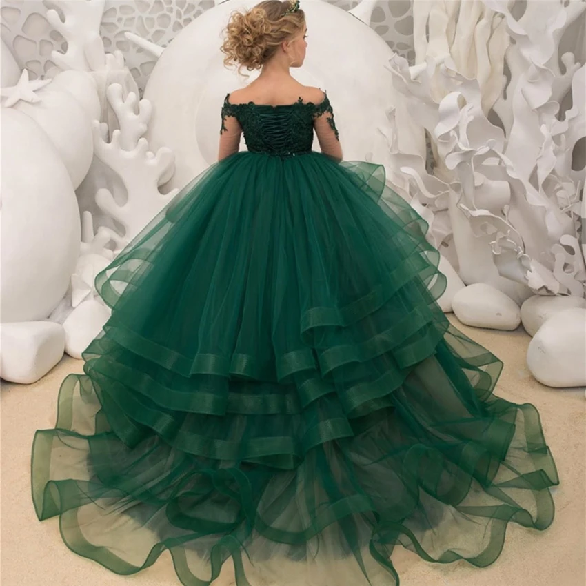Sukienki Do Komunii Luksusowe Zielone Koronkowe Sukienki Z Kwiatowym Wzorem Dla Dziewczyn 2020 Przezroczyste Długie Rękawy Koraliki Koronki Suknia Korowód Sukienka