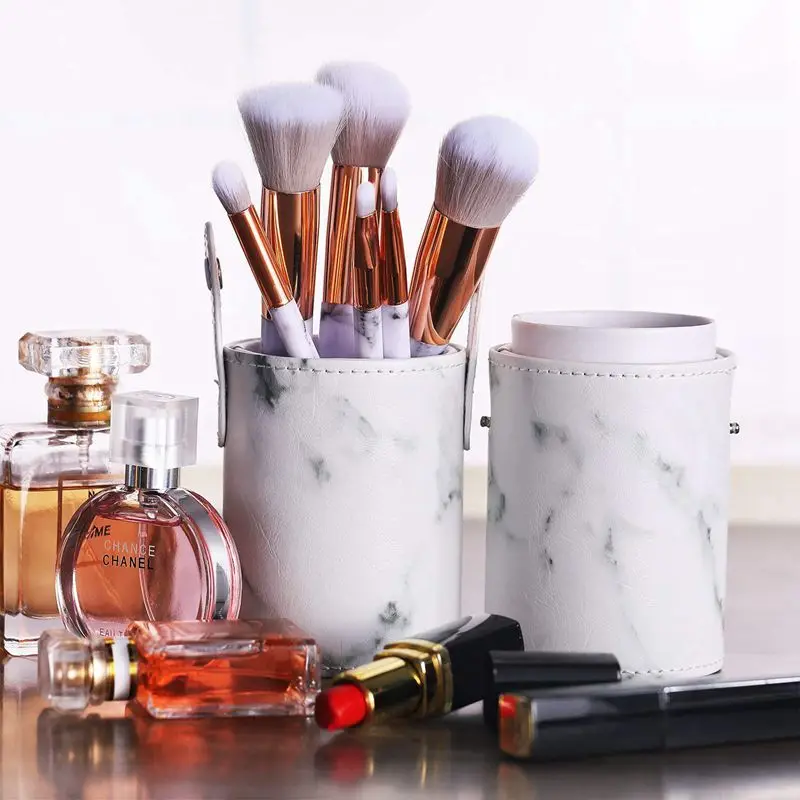 Sztuczna skóra wyłożona kafelkami wzór przenośny uchwyt pędzla do makijażu kosmetyki Make Up Cup Storage Case Organizer