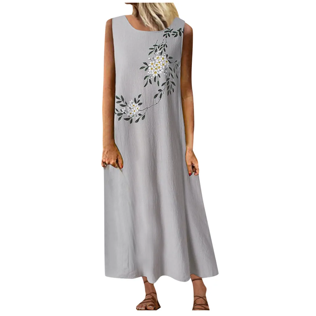 Women ' s Sexy Dress Sleeveless Vintage Cotton and Linen Print Slim Ankle-length Dress sukienka letnia kobieta