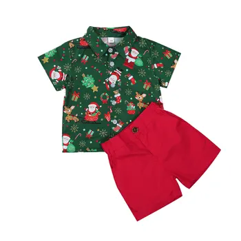 0-6 Lat Mały Chłopiec Świąteczny Zestaw Odzieży Dla Dzieci Z Krótkim Rękawem Santa Drukowania Koszulki, Czerwone Spodenki Gentalmen Garnitur 2020 Nowy Strój