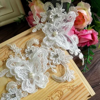 1 22x13 cm biała perła rhinestone Dess kwiatowy haft szycia łaty koronki kwiat listwy DIY Craft BD0097