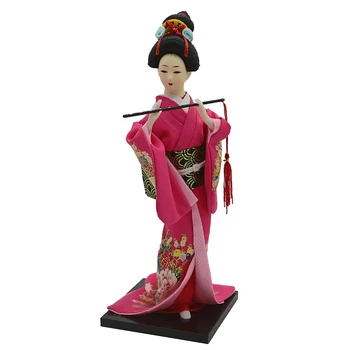 12-calowy starożytna japońska figurka Pani gejsza lalka w różowo-czerwonym kimono z wachlarzem