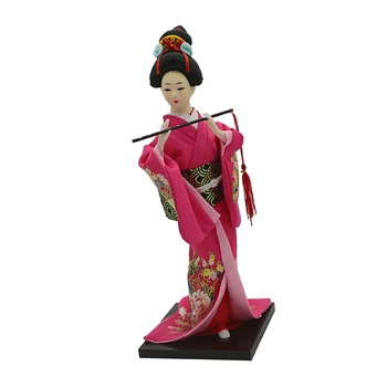 12-calowy starożytna japońska figurka Pani gejsza lalka w różowo-czerwonym kimono z wachlarzem
