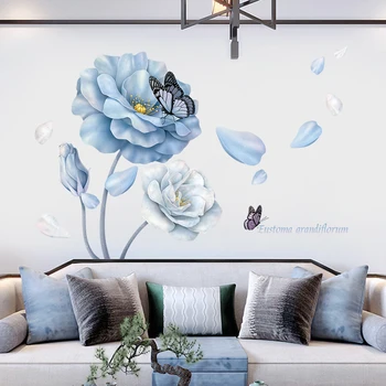126*86 cm duży niebieski kwiat naklejki na ścianę do salonu Sypialnia sofa tło motyl Winylowa naklejka na ścianę ekologiczna fresk
