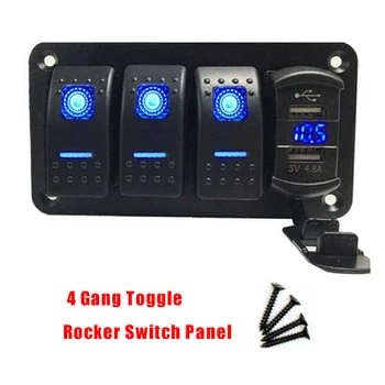 12V/ 24V 4 Gang Toggle Rocker Switch Panel With USB Interface LED Double Lights For Car Marine Boat RV Truck Red/Blue/Green