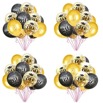 15шт mieszane złote balony, konfetti pokój 16 18 30 40 50 60 70 80 90 lat urodziny cyfrowy butla lateks globusy
