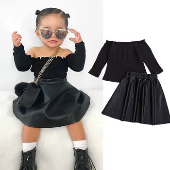 2-7Y moda Baby Girls odzież zestawy dzianiny z długim rękawem z ramienia topy+czarny faux skórzane spódnice stroje dla dzieci jesienna odzież