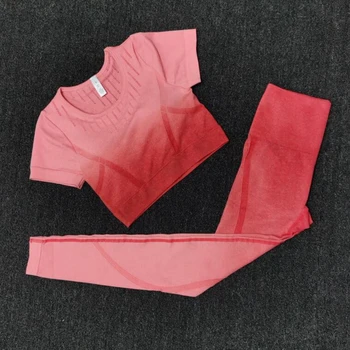 2 szt kobiety Ombre bez szwu joga zestaw fitness dresy z piersi pad siłownia odzież t-shirt+Wysoka Talia legginsy treningowe zestaw