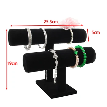2 warstwy Czarny Aksamit bransoletka wyświetlacz przechowywania łańcucha zegarek T-bar biżuteria wyświetlacz organizator dysk stojak uchwyt
