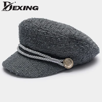 2018 Moda Złota nić tweed wojskowa czapka z daszkiem czapka kobiety wiosna panie fajne marynarza kapelusz Vintage studenckie czapka beret