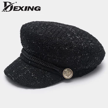 2018 Moda Złota nić tweed wojskowa czapka z daszkiem czapka kobiety wiosna panie fajne marynarza kapelusz Vintage studenckie czapka beret