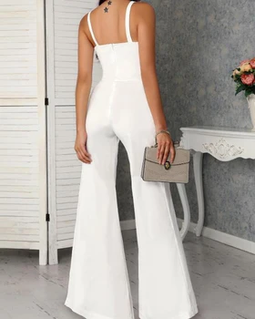 2019 Biuro Lady Elegancki Pusty Biały Kombinezon Moda Na Szerokie Spodnie Kombinezony Lato Sexy Wycięcie Na Krzyż Bandaż Kombinezon