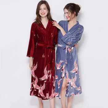 2019 jesień zima Nowy welur kimono szlafrok kobiety panny młodej suknia ślubna suknia Wieczorowa sexy kwiat długie piżamy M Do 2XL