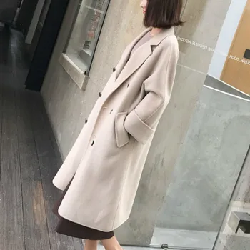 2019 Moda Koreański Długi Płaszcz Temat Cienkie Oversize Białe Płaszcze Zimowe Kobiety Dorywczo Proste Plus Rozmiar Wełniane Płaszcze Damskie