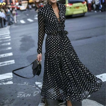 2019 modny trend dla kobiet szyfonu V-neck z długim rękawem brązowy papier sukienki w kropki jesień pre-jesień temat miękkie święto Potargane sukienka