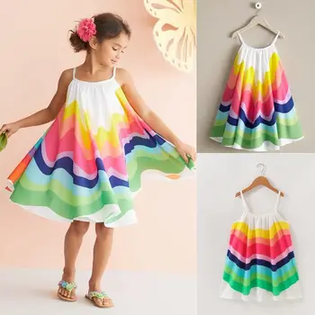 2019 Newly Summer Boho Infant Baby Girls Holiday Dress Rainbow Print Bez Rękawów Długość Do Kolan-Line Dress Sukienkę