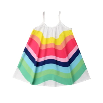 2019 Newly Summer Boho Infant Baby Girls Holiday Dress Rainbow Print Bez Rękawów Długość Do Kolan-Line Dress Sukienkę