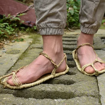 2019 nowa lniana słomkowy buty ręcznie robione męskie letnie sandały retro kolekcja butów wygodna para kapci XL 37-48 TB