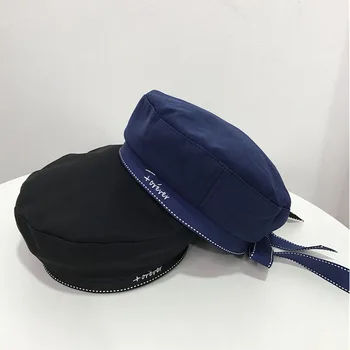 2019 nowa marka dla kobiet, granatowy styl bawełna berety kapelusz haft list łuk płaski top berety kapelusze dla kobiet, Damskie codzienne czapka czapka