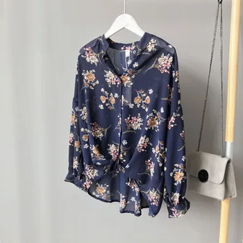 2019 nowy jesienny art kwiatowy print bluzka damska casual luźna stojak kołnierz długa koszula dobrej jakości szyfonu koszula szczyty