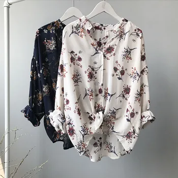 2019 nowy jesienny art kwiatowy print bluzka damska casual luźna stojak kołnierz długa koszula dobrej jakości szyfonu koszula szczyty