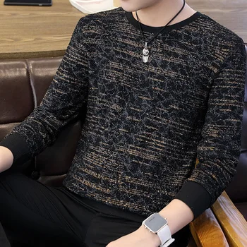 2019 okrągły dekolt sweter męski trend t-shirt z długim rękawem, hong Kong styl elegancka koszula