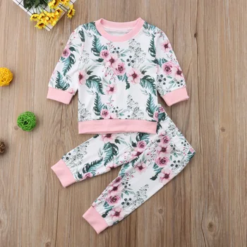 2019 Wiosna dziecko dziewczyny moda odzież zestawy 2 szt. bawełniane z długim rękawem kwiat pullover bluzki+spodnie strój 6 m-3Y