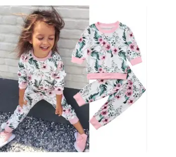 2019 Wiosna dziecko dziewczyny moda odzież zestawy 2 szt. bawełniane z długim rękawem kwiat pullover bluzki+spodnie strój 6 m-3Y