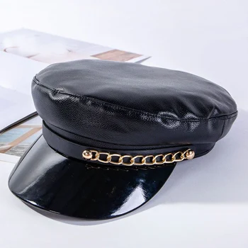 2019 zima sztuczna skóra czarny żółty berety kobiety wojskowa kapelusz Gorras Snapback czapki damskie dziewczyny Casquette skóra płaskie czapka