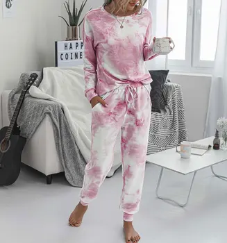 2020 damska piżama Tie Dye Lounge Wear Piżam Women Pajamas Set Tie Dye Sleep Set Lounge Set piżama z długim rękawem Kobiety