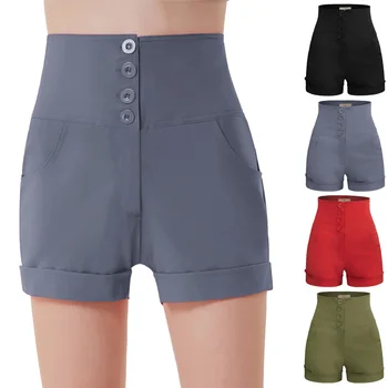 2020 Damskie Szorty Slim High Waist Stretch Mini Solid Color Buttons Decor Casual Sexy Beach Party Hot Summer Sale Szorty Lady New