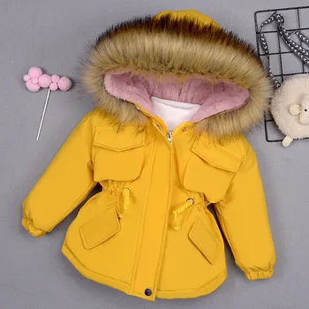 2020 dziecięca kurtka dla dziewczynki duży futro ciepłe mały plac zimowa bawełniana pikowana ubrania dziewczyny grube z kapturem, bawełniana pikowana kurtka
