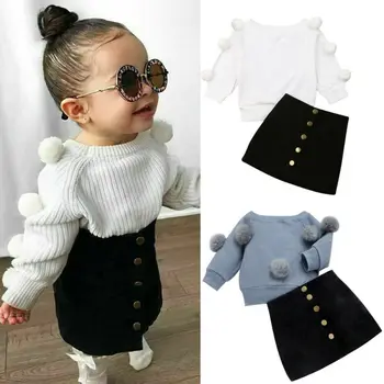 2020 dziecko dzieci dziewczyna jesień zima odzież zestawy z długim rękawem Hairball bluzki z dzianiny sweter przycisk spódnica 2szt stroje 1-6T