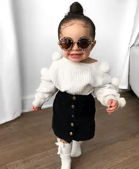 2020 dziecko dzieci dziewczyna jesień zima odzież zestawy z długim rękawem Hairball bluzki z dzianiny sweter przycisk spódnica 2szt stroje 1-6T