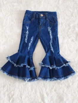 2020 fashion Kids boutique baby girl pants podwójne falbanki podarte jeansowe dzwony odzież dziecięca Spodnie dla dziewczynek