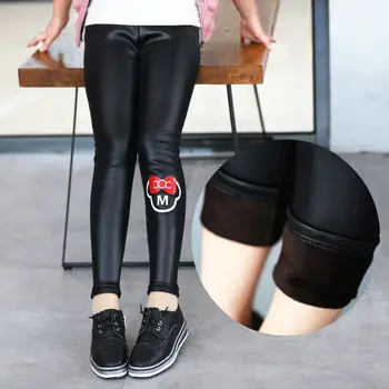 2020 gorąco sprzedaży dziewczyny faux skórzane spodnie legginsy dla dziewczynek gruby aksamit elastyczny pas obcisłe legginsy kreskówka czarne spodnie dziecięce