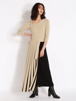 2020 jesienne i zimowe japońskie nowości mają subtelne pochyłe ramię sukienka asymetryczny kolorów zgodność плиссированное вязаное sukienka