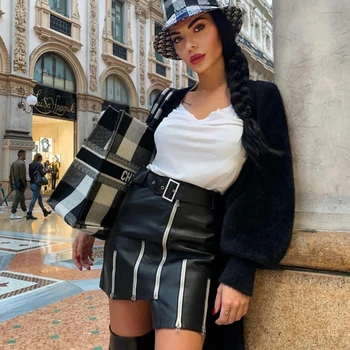 2020 jesień i zima Nowa moda Sexy Czarna sztuczna skóra zamek nieregularna spódnica z wysokim stanem