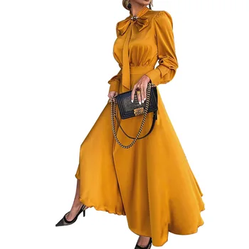 2020 Jesień Z Długim Rękawem Suknie Wieczorowe Dla Kobiet Żółty Elegancki Łuk Czarna Kobieta Długa Sukienka Slim Elegancki Koszula Sukienka Vintage Vestido